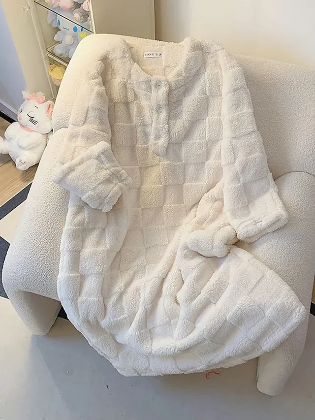 Women's Casual Dress Winter Dress White Dress Midi Dress Button Fleece Home Daily Vacation Fashion Modern Crew Neck Long Sleeve 2023 Loose Fit White Color M L XL 2XL Size