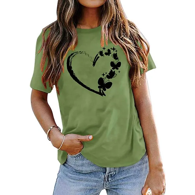 Women's T shirt Tee Cotton 100% Cotton Butterfly Heart pea green Black White Basic Print Short Sleeve Home Daily Date Basic Round Neck Regular Fit T-shirt Sleeve Summer