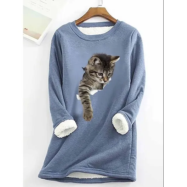 Women's Plus Size Sweatshirt Pullover Cat Teddy Sherpa Fleece Denim Blue Black White Street Casual Round Neck Long Sleeve Top Micro-elastic Fall & Winter