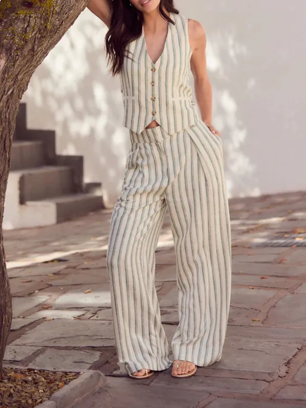 Striped Elastic Wide-Leg Pants With Linen