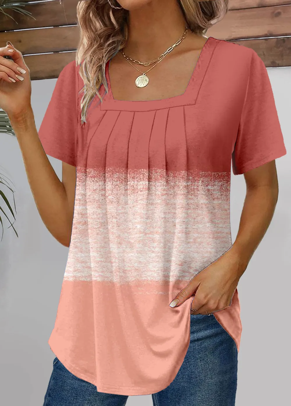 Dusty Pink Ruched Short Sleeve Square Neck T Shirt