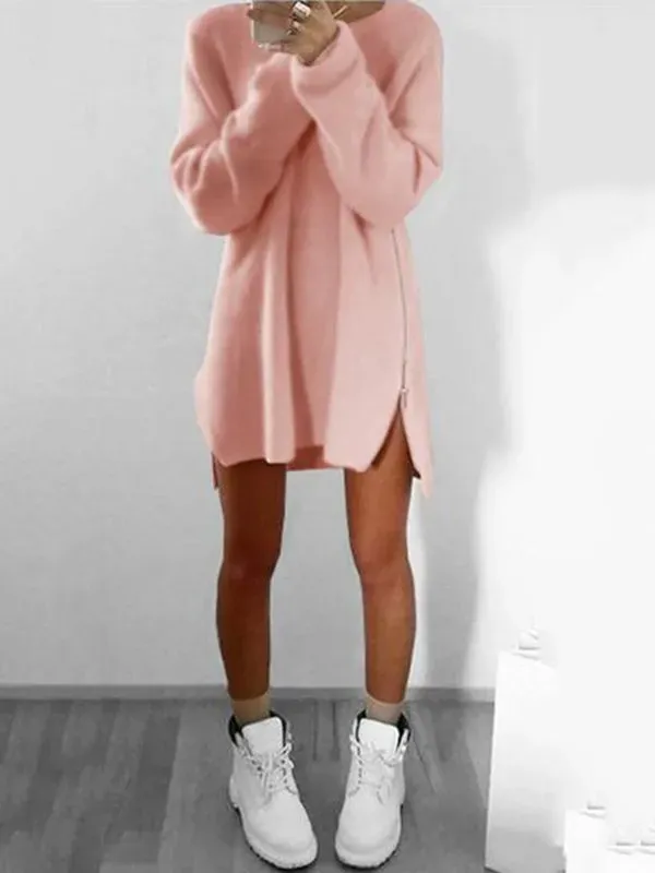 Women Fluffy Zipper Long Sleeve Casual Plus Size Sweater Dress