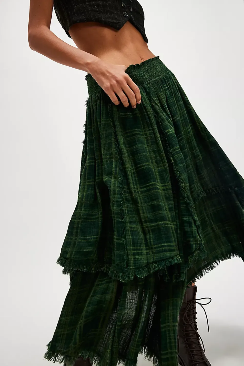 Plaid Patchwork Asymmetric Midi Skirt