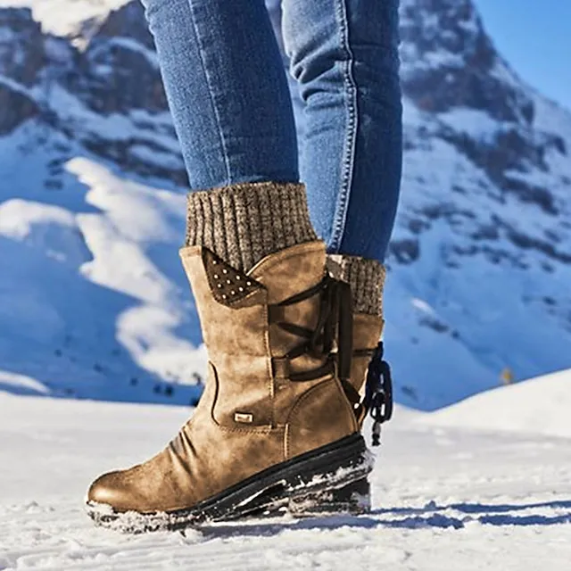 Women's Boots Snow Boots Sweater Boots Plus Size Outdoor Daily Mid Calf Boots Winter Lace-up Flat Heel Round Toe Casual Faux Leather Zipper Black Red Blue