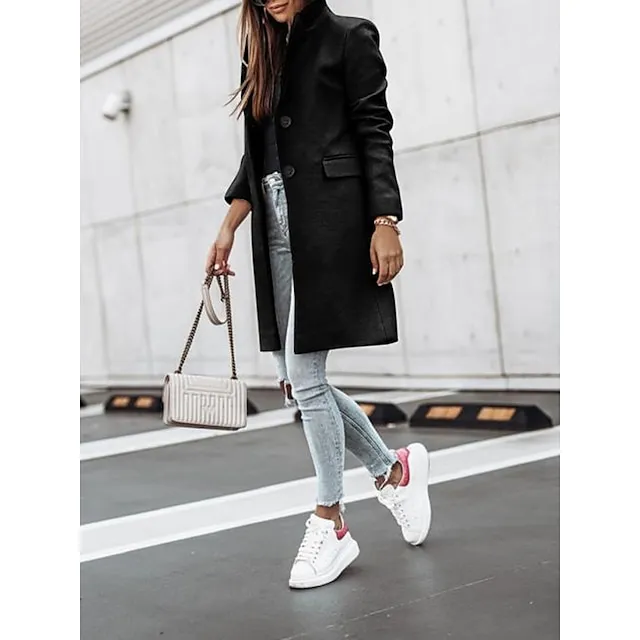 Women's Winter Coat Long Overcoat Fall Stand Collar Trench Coat Warm Windproof Pea Coat with Pockets Formal Stylish Casual Street Jacket Long Sleeve Black White Khaki