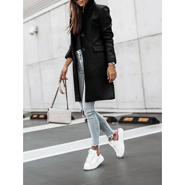 Women's Winter Coat Long Overcoat Fall Stand Collar Trench Coat Warm Windproof Pea Coat with Pockets Formal Stylish Casual Street Jacket Long Sleeve Black White Khaki