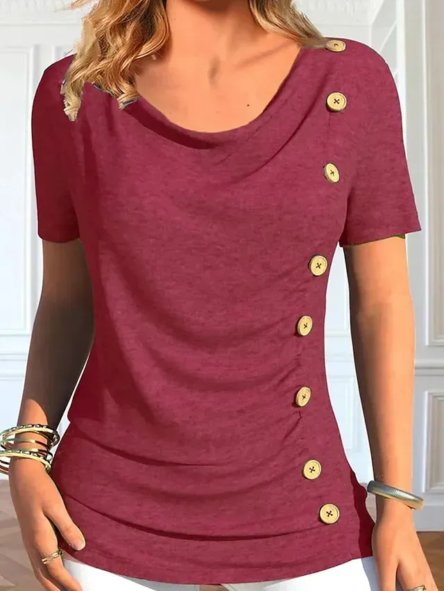 Women's T shirt Tee Blouse Black Red Navy Blue Plain Button Short Sleeve Casual Basic Round Neck Regular S