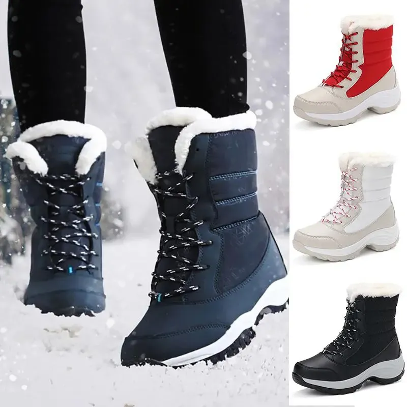 New Fashion Winter Fur Lining Lace Up Waterproof Mid-Calf Boots
