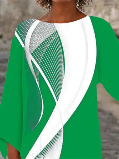 Women Asymmetrical 3/4 Sleeve Scoop Neck Striped Stitching Tops