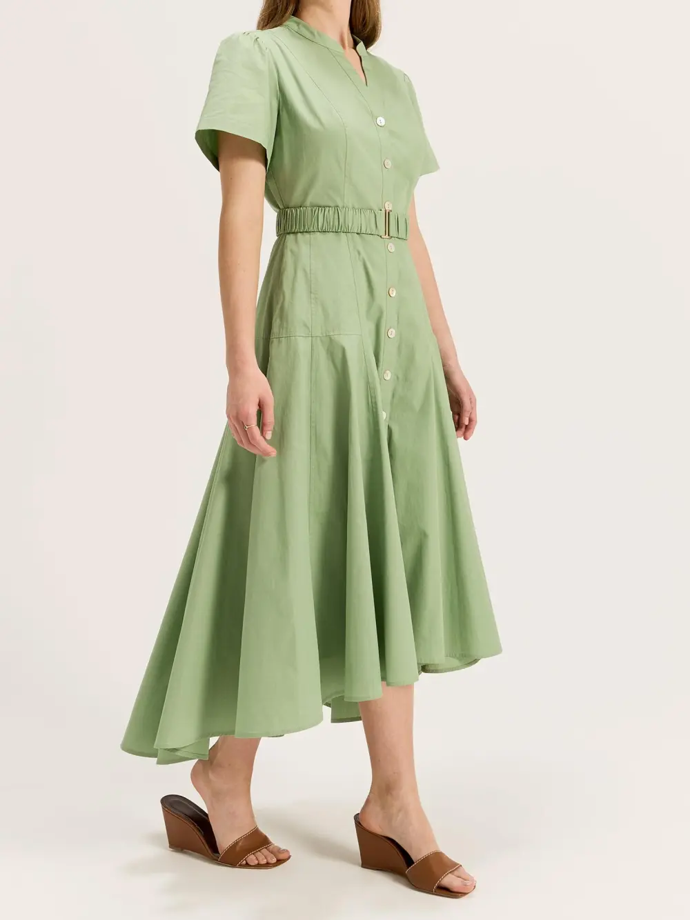Green Short Sleeve Shirtdress with Belt
