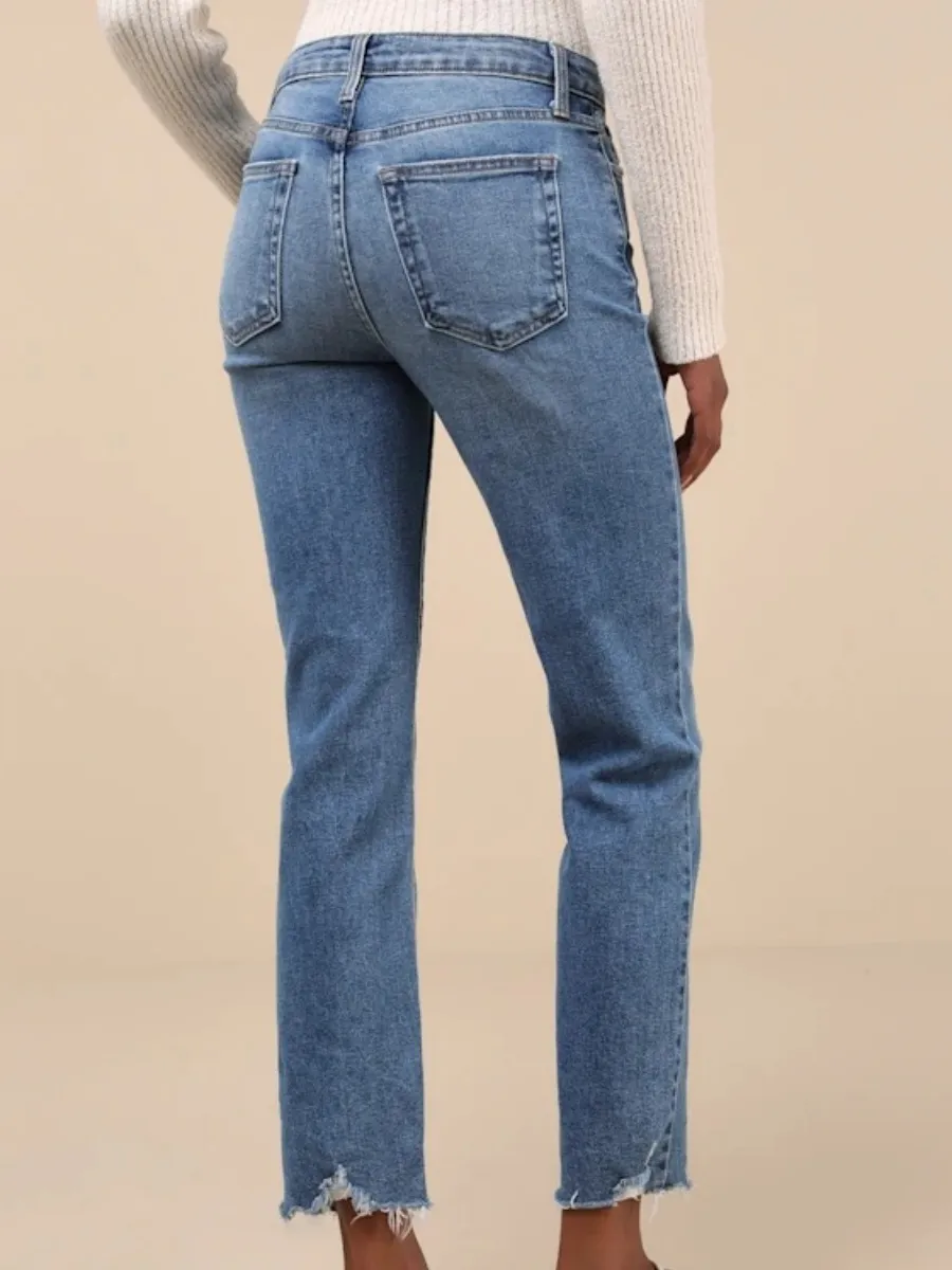 Frayed Hem Straight Jeans