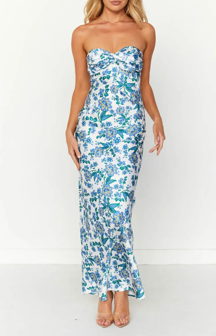 Blue Floral Print Strapless Formal Dresses