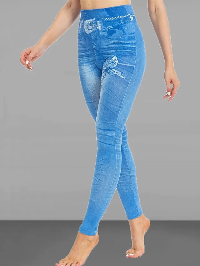 Women's Slim Pants Trousers Leggings Full Length Faux Denim Pocket High Cut High Elasticity High Waist Fashion Streetwear Street Causal Black Blue S M Summer Fall