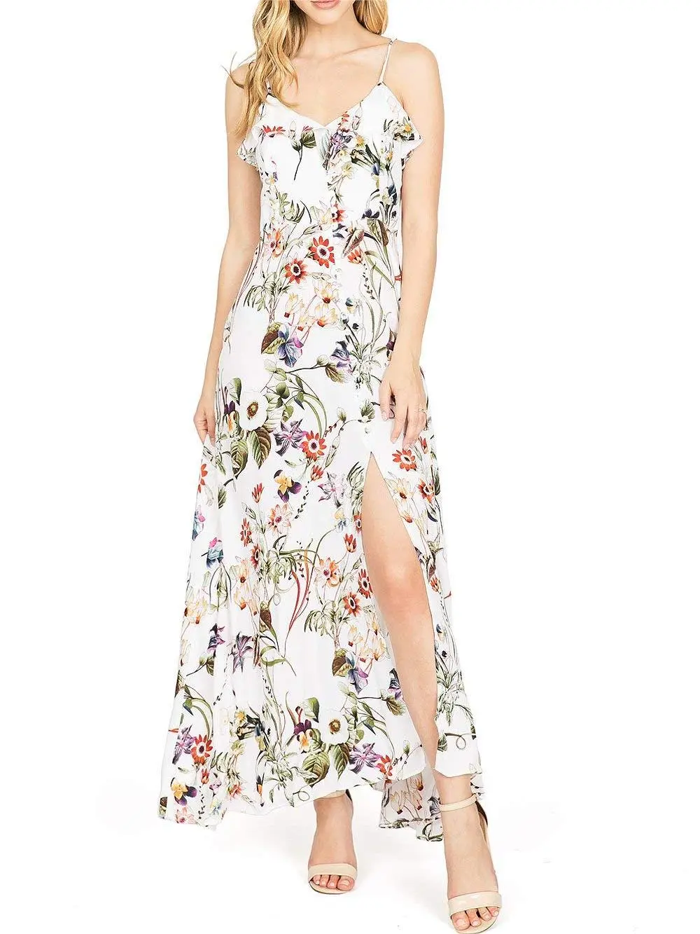 White Floral Spaghetti - Strap Maxi Dress