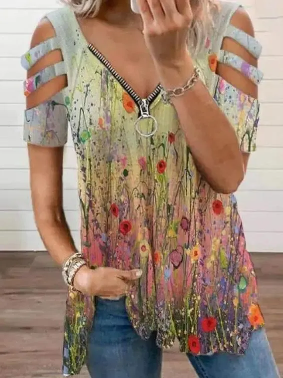 Women Short Sleeve V-neck Floral Printed Geometric Top