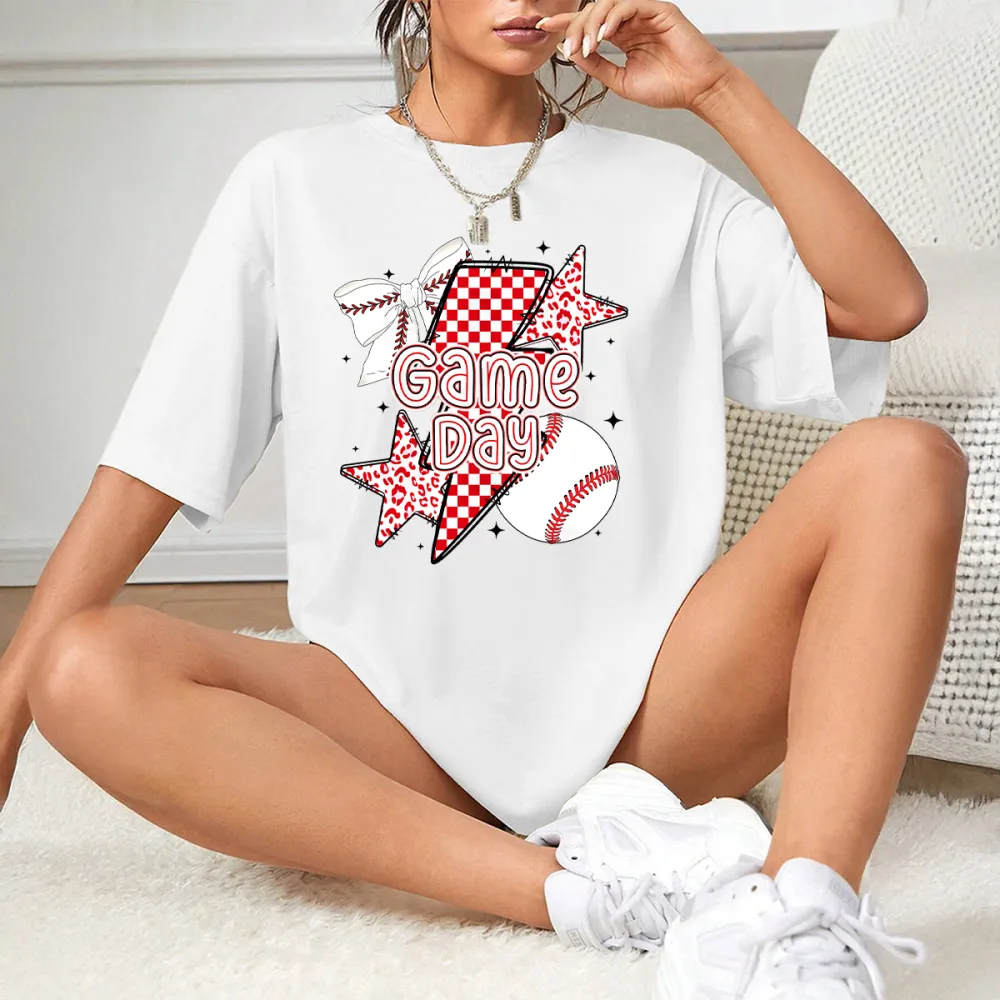 Baseball Game Day Printed Round Neck Short Sleeve T-Shirt