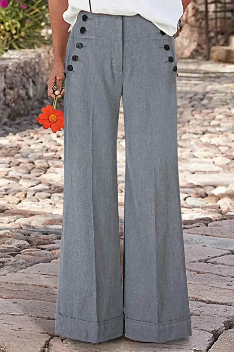 Solid Button Decor Mid Waist Wide Leg Pants