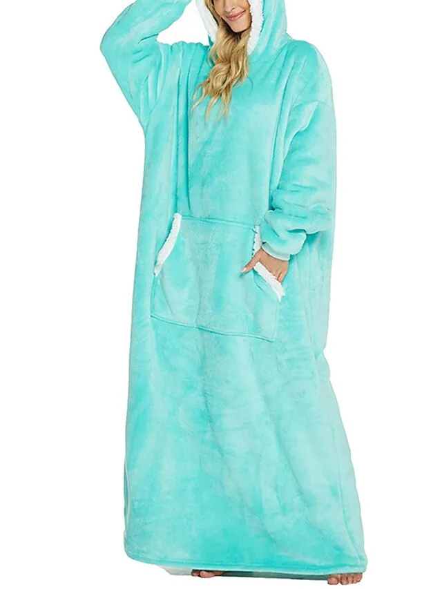 Women's Wearable Blanket Hoodie Blanket Pajama Loungewear Pure Color Warm Plush Casual Home Daily Bed Flannel Warm Breathable Hoodie Long Sleeve Pocket Fall Winter Lake blue Black