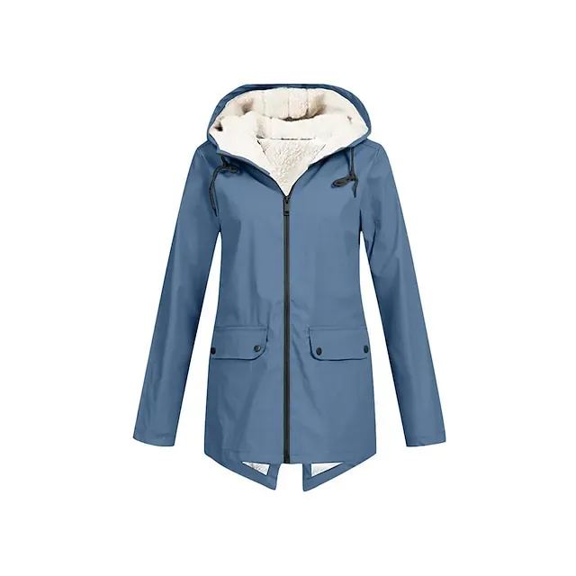 Women's Raincoat Waterproof Rain Jacket Fleece Winter Coat Windproof Trench Coat Fall Sport Outdoor Hiking Jacket Lihghtweight Zip up Hooded Jacket with Pocket Warm Long Sleeve Fall Winter Navy