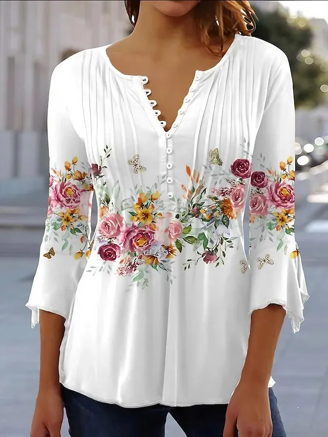Women's Shirt Blouse Light Blue White Pink Floral Button Print 3/4 Length Sleeve Casual Holiday Basic Round Neck Regular Fit Floral