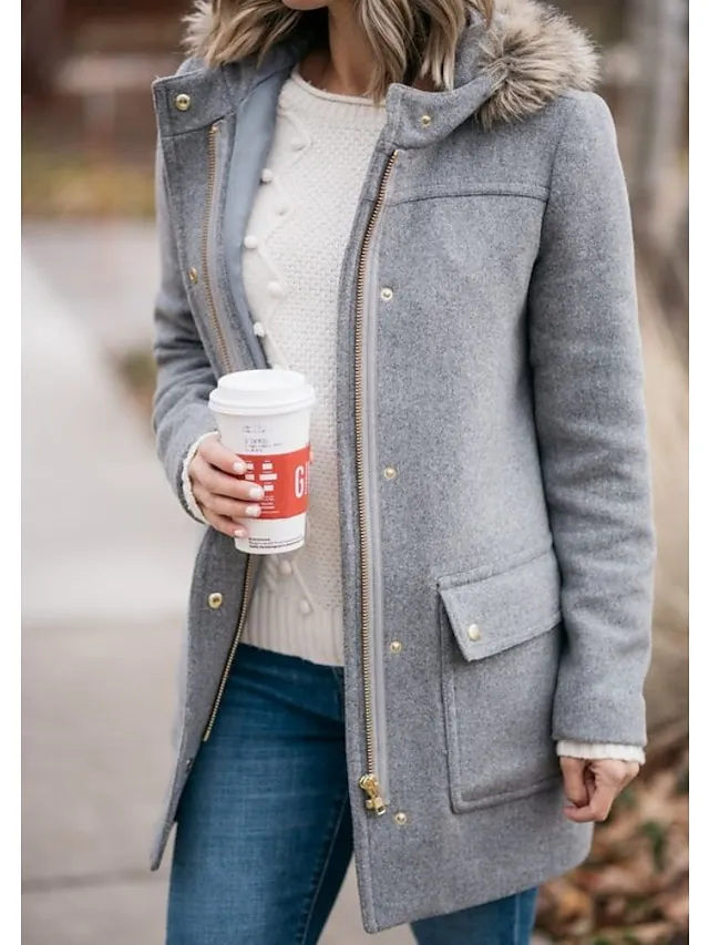 Women's Winter Coat Fleece Casual Jacket Hoodie Jacket Comfortable Street Casual Daily Casual Daily Zipper Pocket Zipper Hoodie Casual Street Style Plain Outerwear Long Sleeve Winter Fall Gray