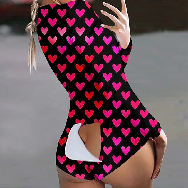 Women's Plus Size Pajamas Onesies Jumpsuits Nighty 1 PCS Heart Geometic Simple Fashion Comfort Home Bed Bamboo Warm Gift V Wire Long Sleeve Hole Print Fall Spring White Black