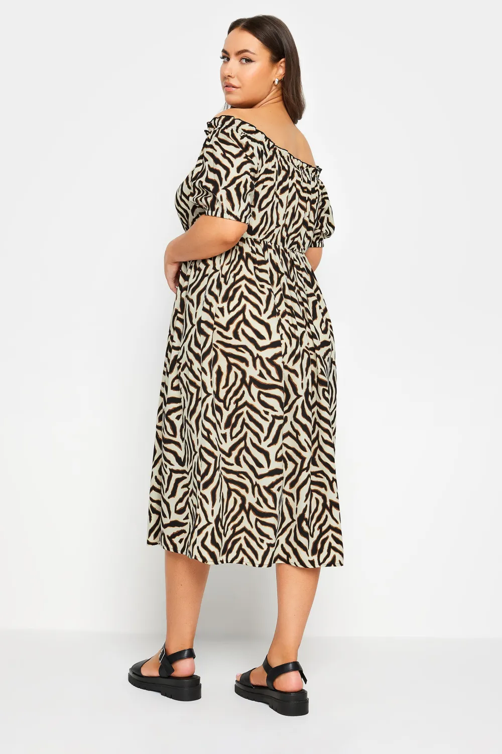 YOURS Curve Beige Brown Animal Print Bardot Midi Dress