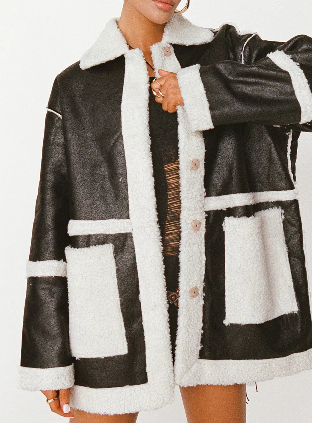 Contrast Panel Faux Leather Shearling Jacket
