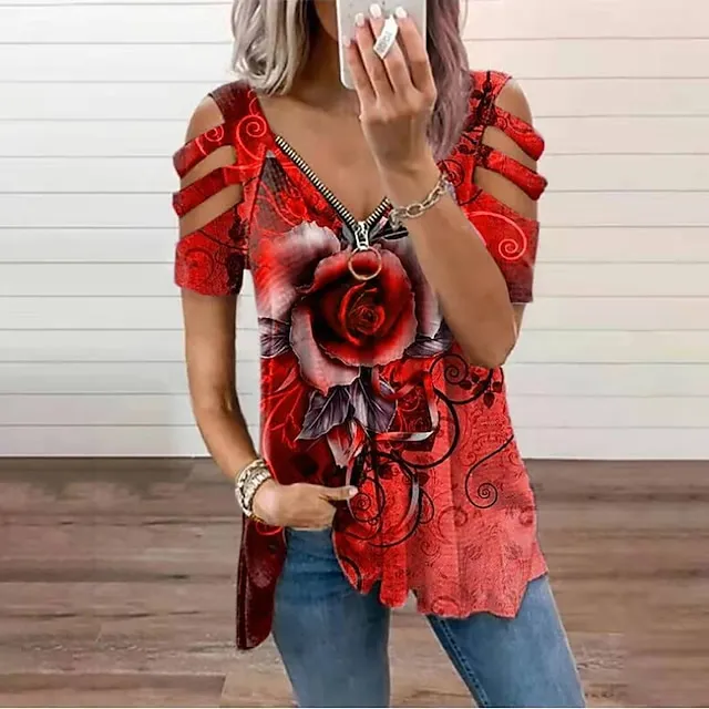 Women Tops T-Shirt Hollow-Out Shoulder Short Sleeve Casual Blouse Shirts Flower Print V-Neck Zipper Shirt