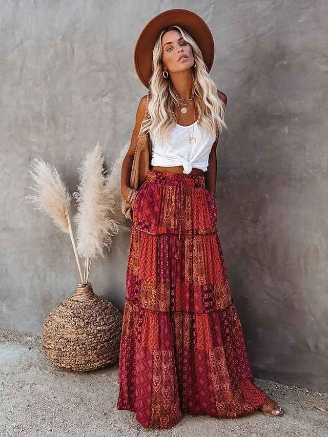 Women's Skirt Swing Long Skirt Maxi Red Blue Purple Orange Skirts Spring & Fall Ruffle Print Fashion coastal grandma style Boho Holiday Casual Daily S M L
