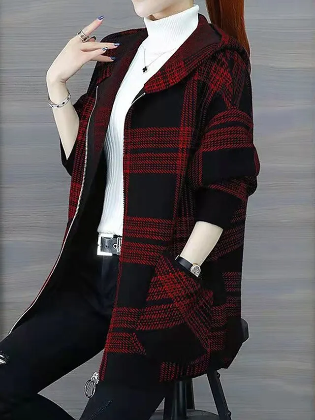 Women's Hoodie Jacket Fall Zip up Sweatshirt Plaid Print Winter Cropped Coat Windproof Warm Casual Jacket Long Sleeve Plaid with Pockets Black