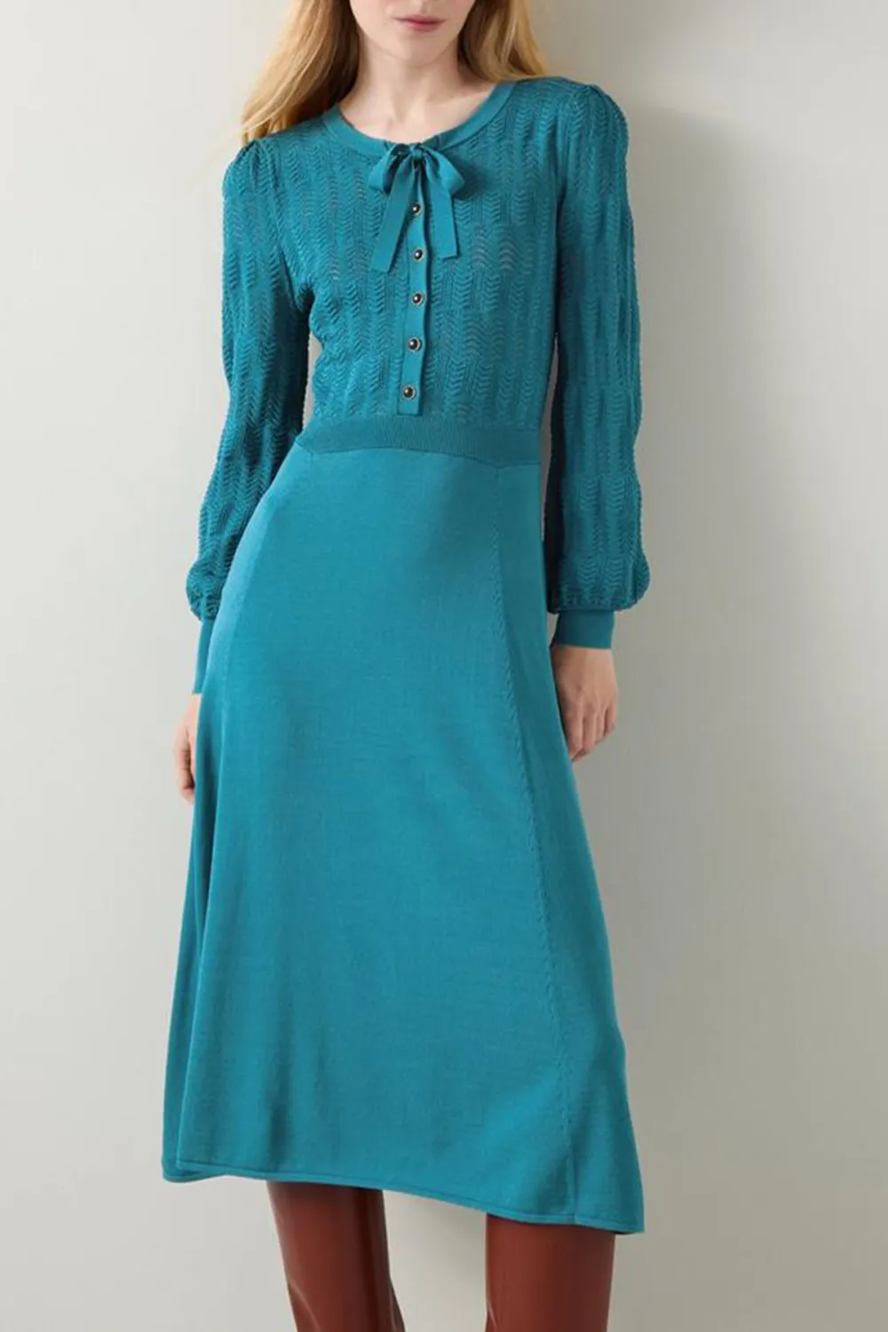 Teal Tie Neck Long Sleeve Midi Dress