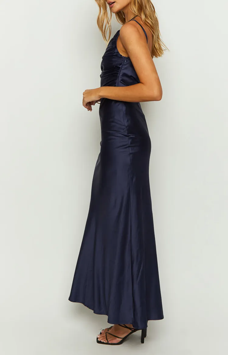 Navy One Shoulder Satin Formal Dresses