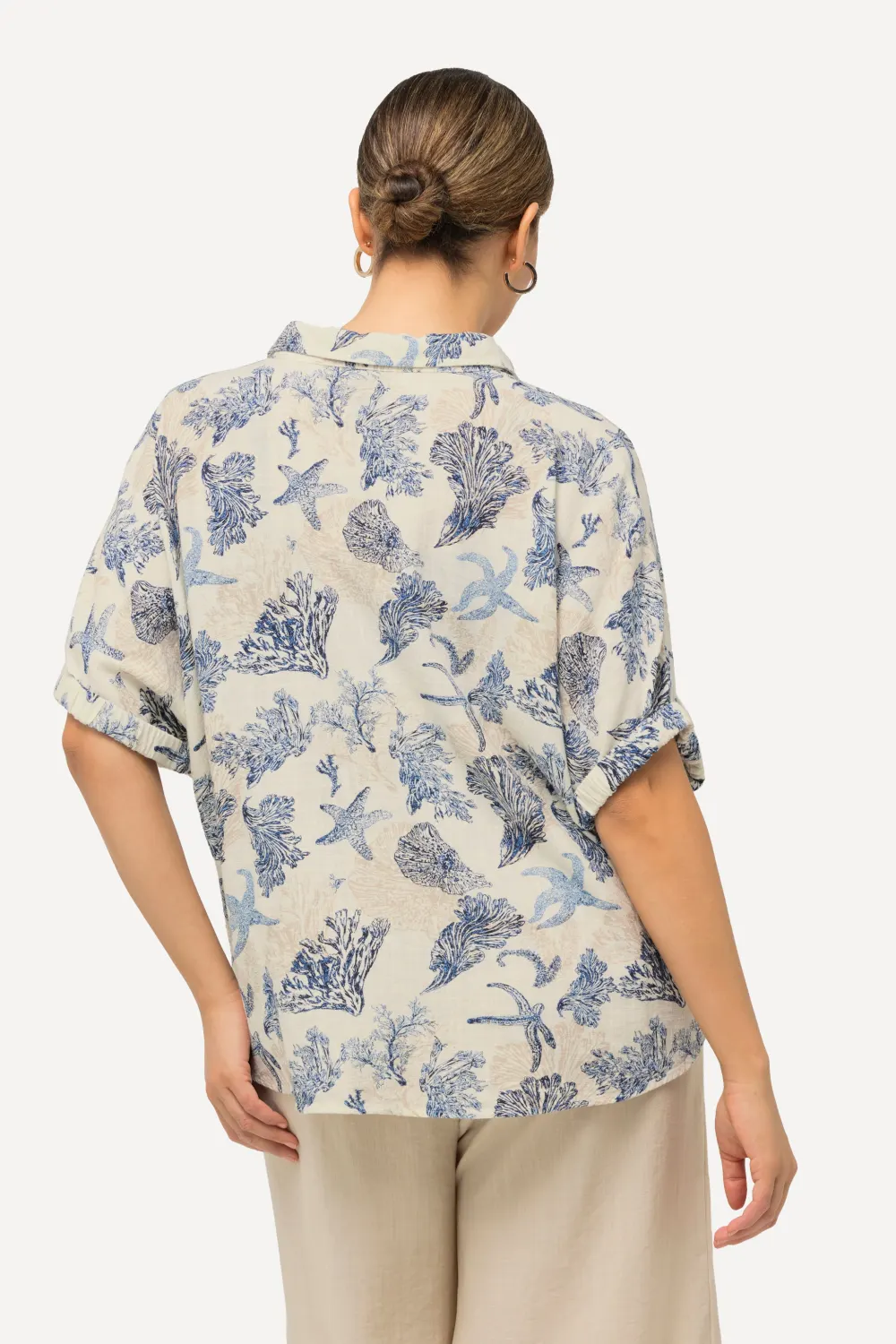 Bluse Leinenmix Muscheldruck Hemdkragen Halbarm