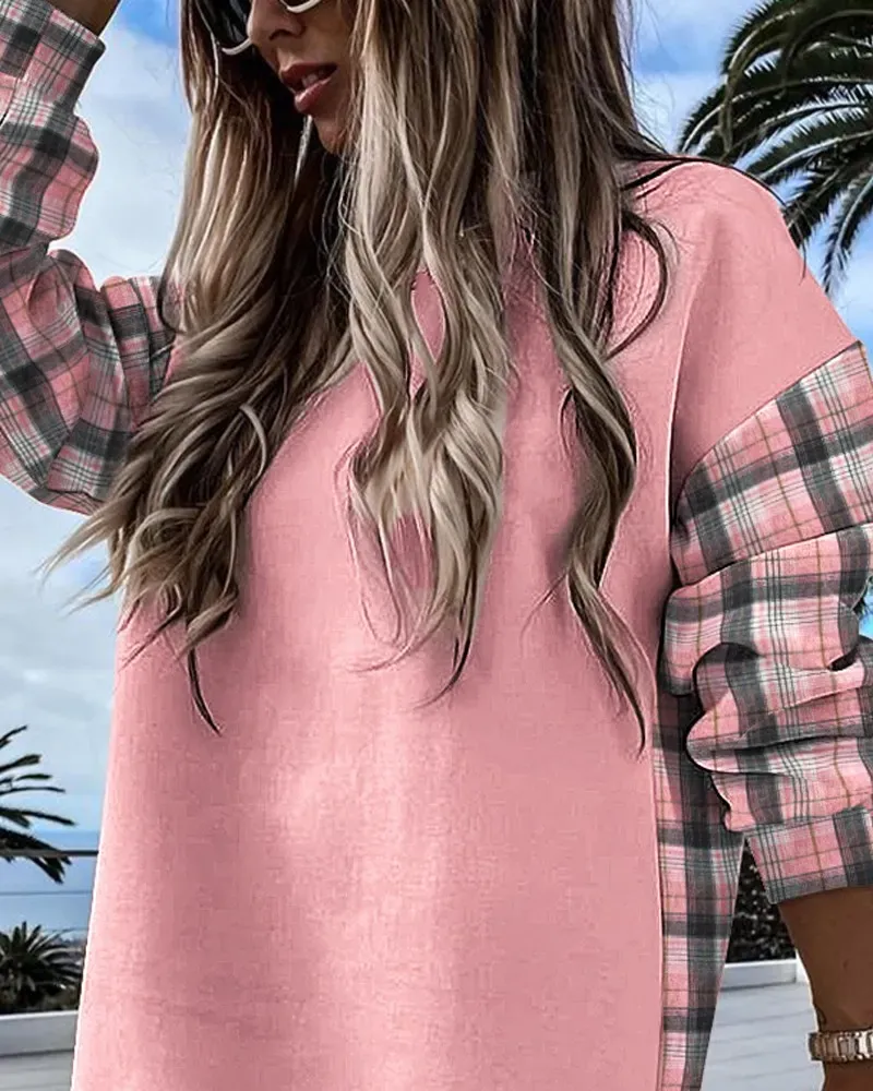 Plaid Print Colorblock Long Sleeve Sweatshirt Dress
