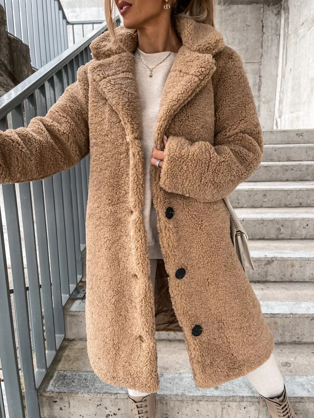 Solid Single Breasted Lapel Fluff Coat
