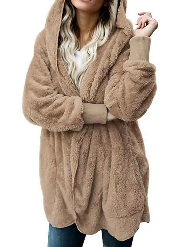 Women's Fleece Jacket Sherpa Jacket Teddy Coat Coat Outdoor Street Daily Fall Winter Long Coat Regular Fit Warm Breathable Casual Jacket Long Sleeve Solid Color Pocket with Pockets Black White Pink