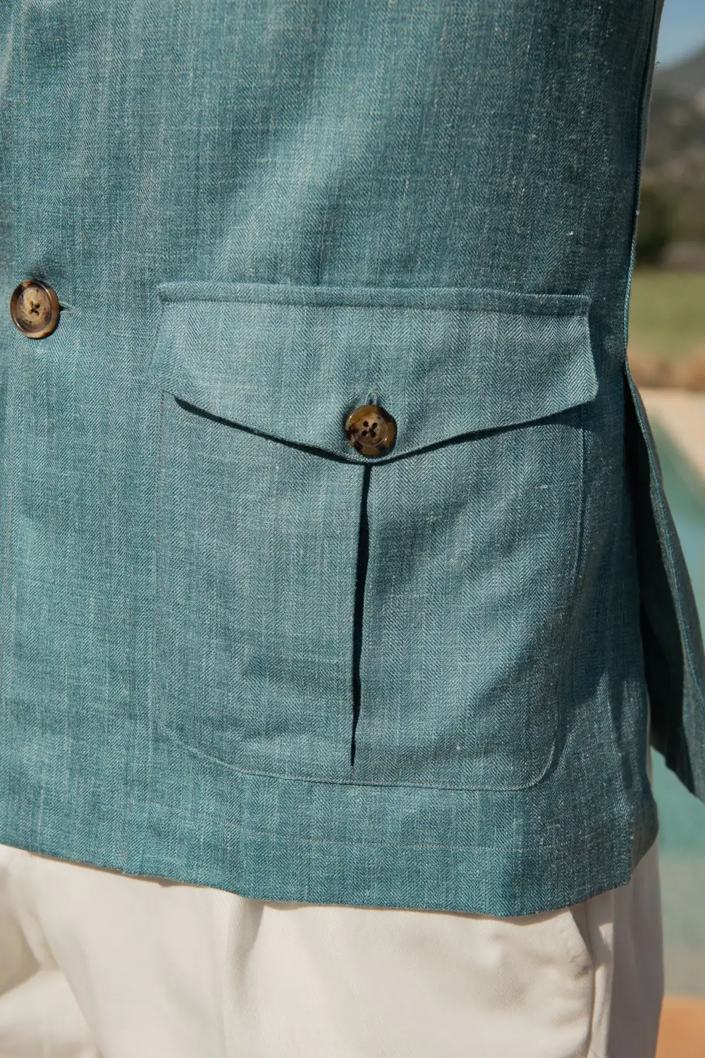 Water green Safari Jacket in  wool silk and linen