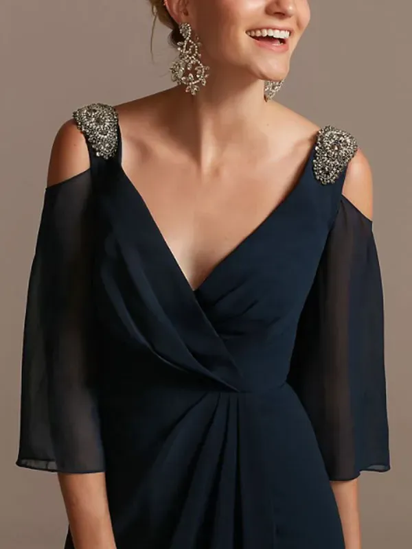 Temperament simple slit elegant bride mother dress