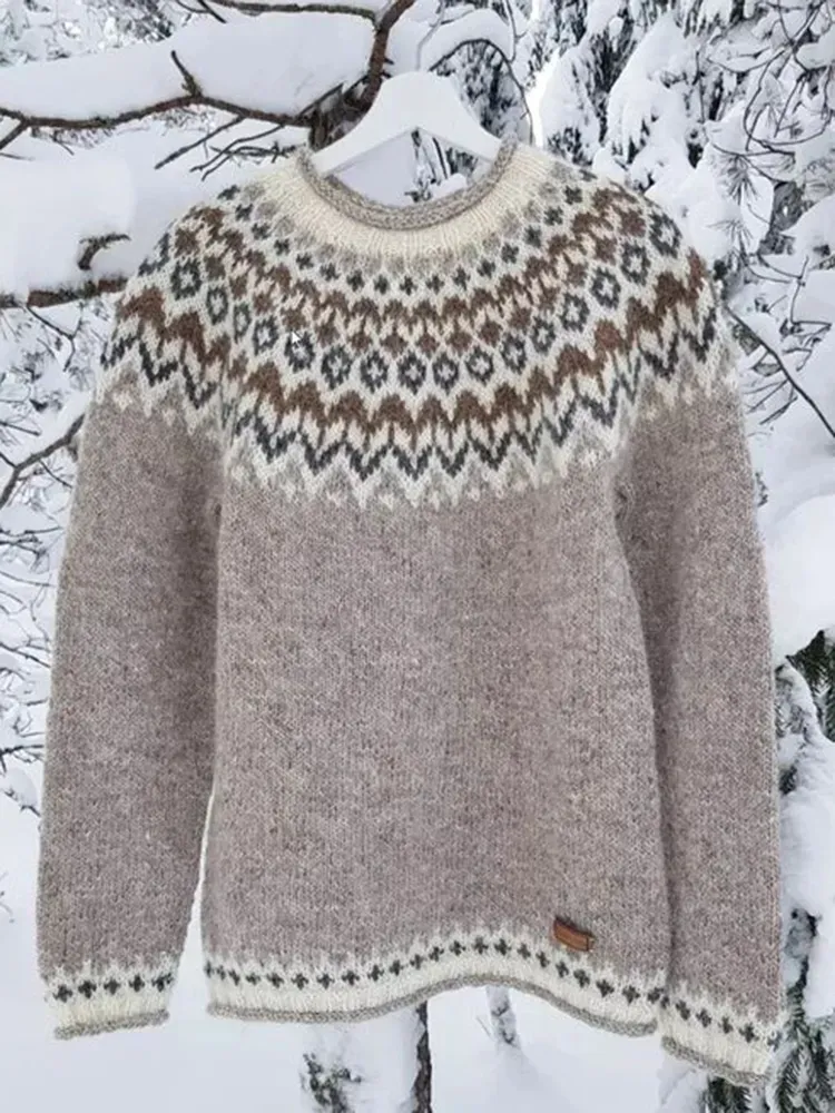 Vintage Icelandic Knit Jacquard Islender Crew Neck Sweater(Unisex)