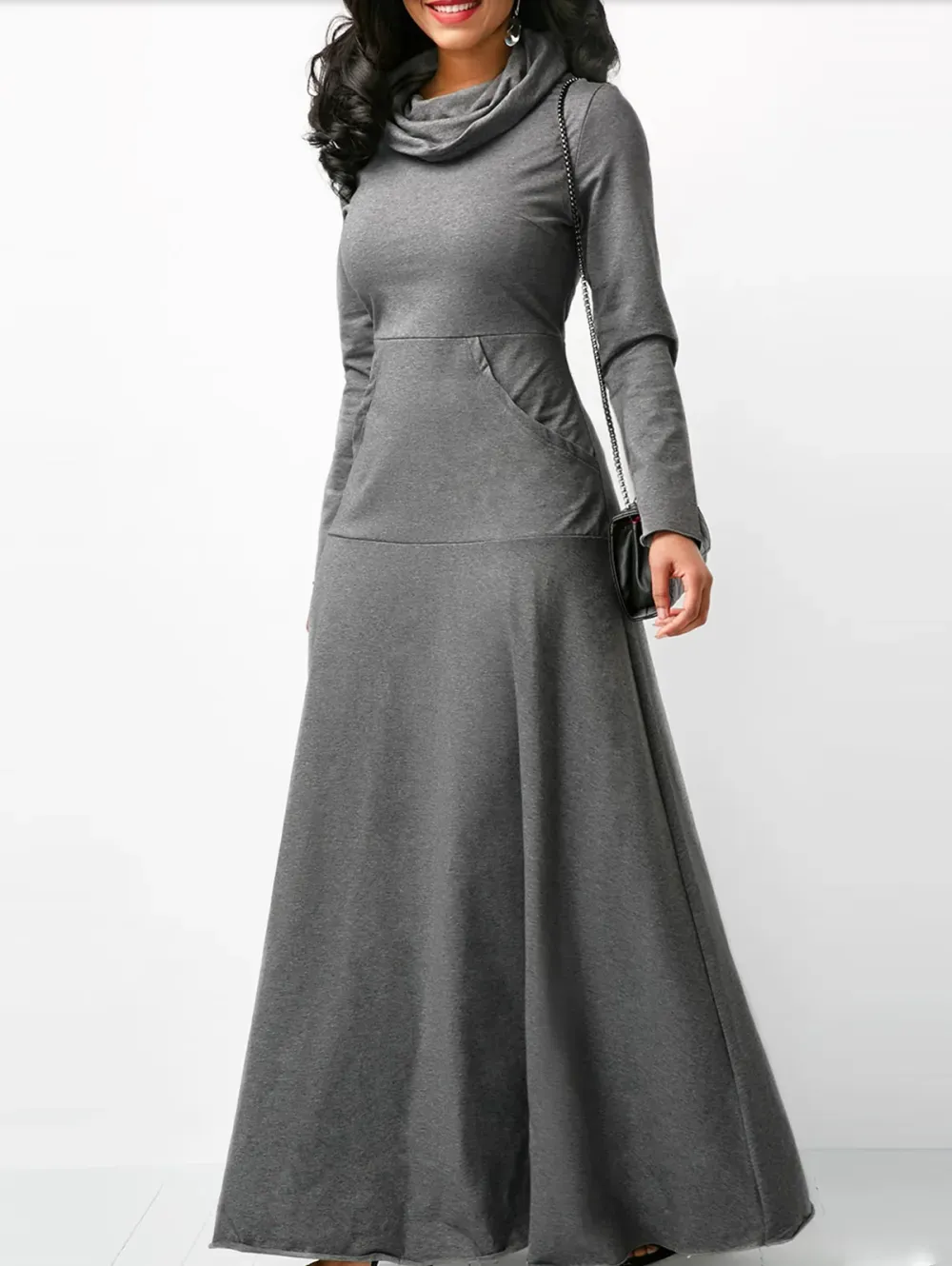Casual Cowl Neck Pocket Long Sleeve Plain Maxi Dress