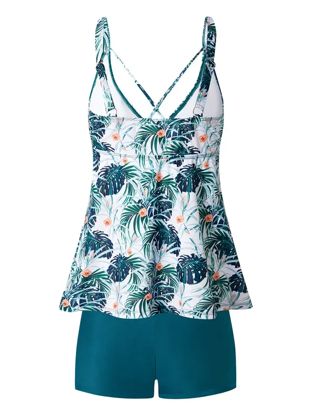 Vacation Floral Printing V neck Tankinis Two-Piece Set