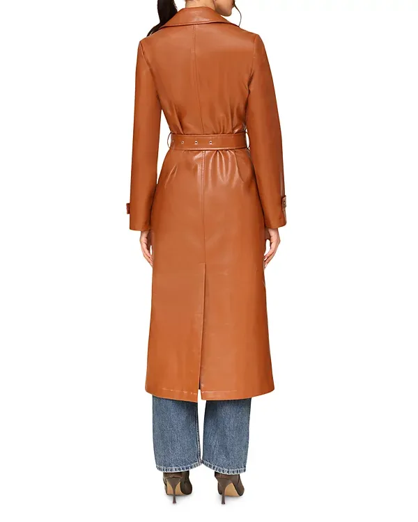 Caramel Color Faux Leather Trench Coat