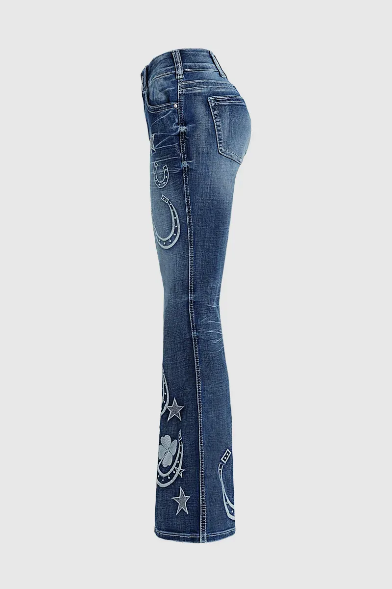 Star & Moon Pattern Button Front Mid Rise Bootcut Jeans