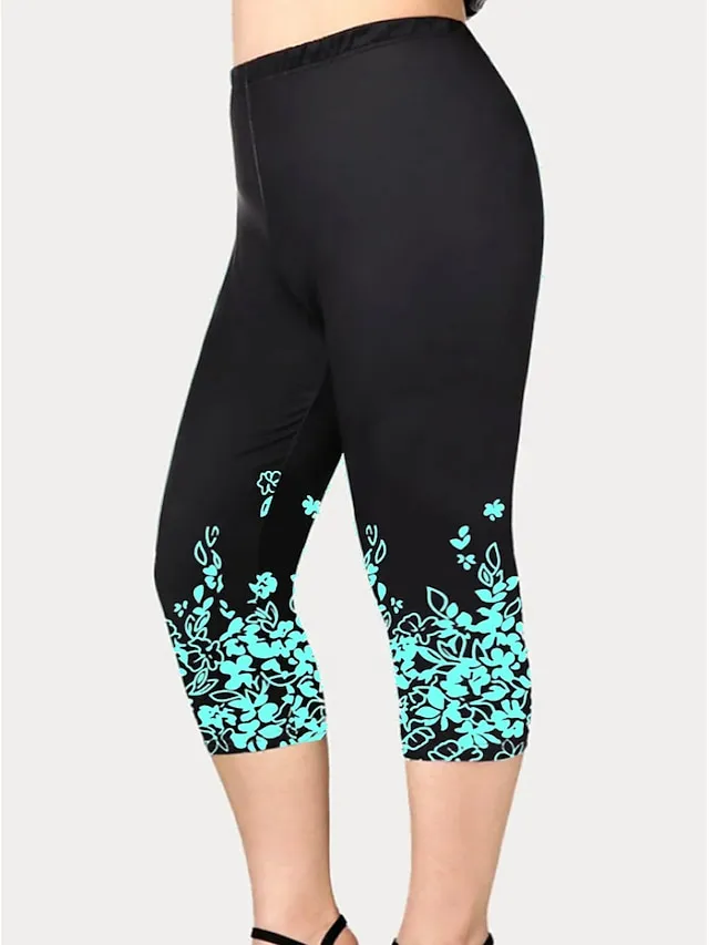 Women's Plus Size Curve Leggings Print Floral Sporty Yoga Casual Daily Natural Calf-Length Spring Summer Green Black Purple L XL XXL 3XL 4XL