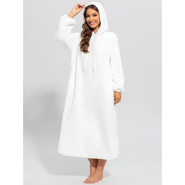 Women's Hoodie Dress Casual Dress Midi Dress Teddy Fleece Warm Home Daily Weekend Hoodie Pocket Drawstring Pure Color 2023 Regular Fit White Lavender Khaki S M L XL 2XL
