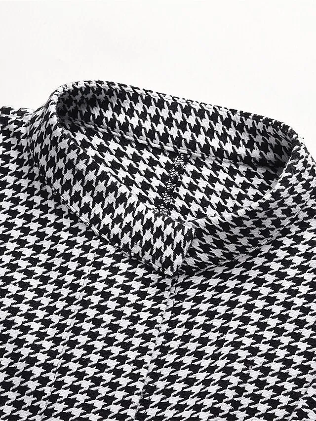 Women's Coat Cloak / Capes Winter Houndstooth Overcoat Fall Long Pea Coat with Belt Elegant Stand Collar Street Daily Wear Fashion Daily Casual Outerwear Long Sleeve Black