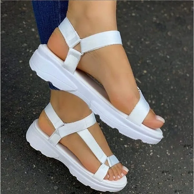 Women's Sandals Plus Size Outdoor Beach Summer Platform Open Toe Casual Minimalism Satin Magic Tape Solid Color Rainbow White Blue