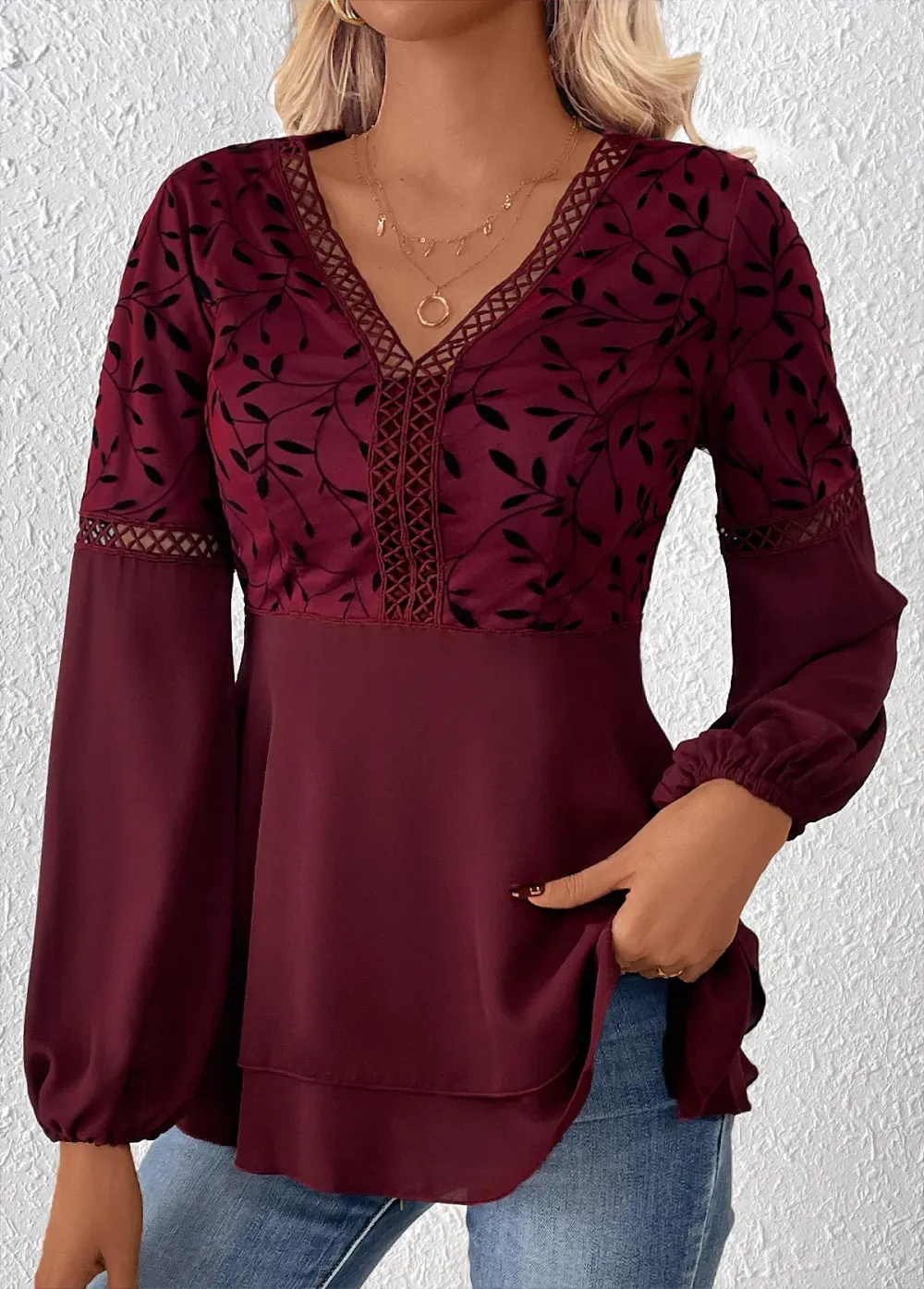Wine Red Patchwork Leaf Print Long Sleeve Blouse
