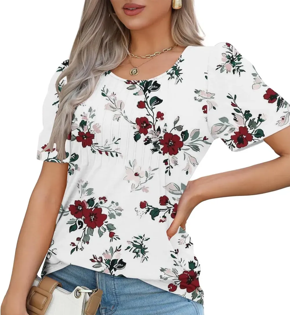 Womens Summer Pleated Front Shirts Tunics Casual Short Sleeved Loose Round Neck Boho Printed Tops Vacation Blouse
